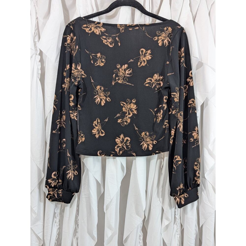 Lush Size M Naomi Squareneck Black w/Tan Floral Long Sleeves Cropped Knit Top - Picture 9 of 10